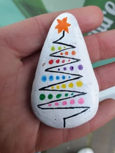 a hand holding a painted rock with a christmas tree on it