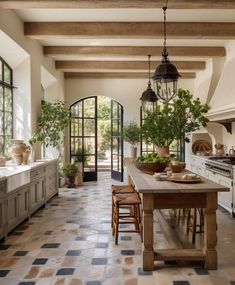 a kitchen with an island and potted plants on the counter top in front of it