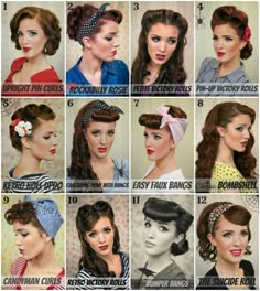 Retro Hair Tutorial Round-up with lots of different styles and great step-by-step tutorials on how to do them. From 40's and 50's. (tutorials from The Freckled Fox) Stile Pin Up, Cabelo Pin Up, Modern Pin Up Style, Retro Hairstyles Tutorial, Halloween Hairstyles, 50s Hairstyles, Makeup Tip, Rockabilly Hair, Pin Up Hair