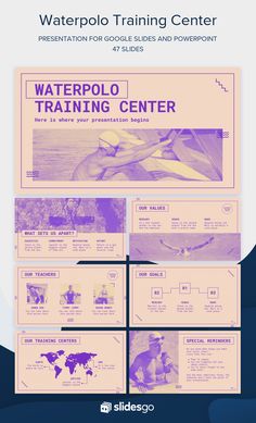 Waterpolo Training Center Google Slides Inspiration, Cool Presentation Design, Google Slides Design, Graphic Design Presentation, Powerpoint Slide Designs