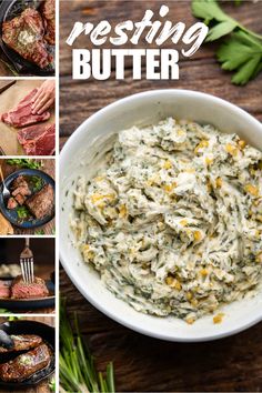 A collage of images highlight resting butter for steaks. Sauteed Apples, Good Steak Recipes, Salad Rolls, Homemade Dinner Rolls, Eat Beef, Best Steak, Cooking Basics, How To Cook Steak, Butter Recipe