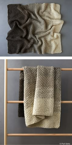 two pictures of towels hanging on a towel rack and one showing the same color scheme