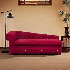 a living room with a red couch, lamp and potted plant on the floor