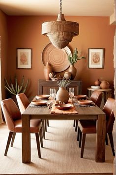 a dining room table with chairs and plates on it