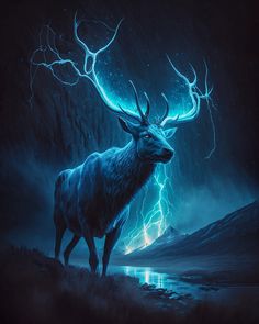 a painting of a deer standing in the middle of a field with lightning behind it