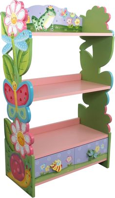 a children's book shelf with flowers and butterflies on it