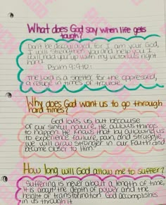 an open notebook with writing on it that says, what does god say when he goes?