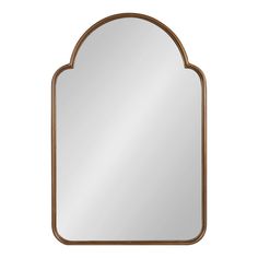 an arched mirror with a wooden frame and metal trimmings on the edges, against a white background