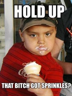 a poster with an image of a child eating ice cream and holding up the caption