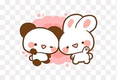 two cute cartoon animals sitting next to each other on a pink and white background png