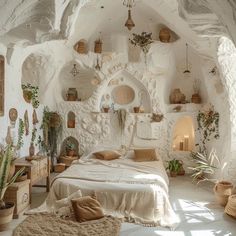 a bed sitting in a bedroom next to a stone wall covered in potted plants