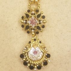 This Is An Authentic Jose & Maria Barrera Necklace. This Lovely Haute Couture Necklace Is Done In A 24k Yellow Gold Plate. At The Center Of The Pendant Is A Large Clear Crystal. There Are Other Several Other Clear And Black Crystals Sprinkled Throughout The Earrings. The Back Is Marked, "Barrera." Handmade In The U.S.A. This Is Pre-Owned. This Is From Neiman Marcus And Is Not The Cheap Barrera From Avon. I Purchased This From Neiman Marcus Many Years Ago!! Comes From A Non-Smoking Home. Entire C Luxury Vintage Jewelry With Dangling Charms, Luxury Yellow Gold Necklace With Vintage Charm, Black Vintage Necklace With Charm, Luxury Vintage Baroque Necklace, Ornate Gold Crucifix Jewelry, Couture Necklace, Vintage Runway, Drop Pendant, Black Crystals