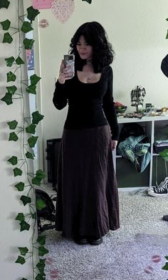 2/27/24 Witch Inspo Outfits, Modest Alternative Outfits, Dark Whimsigothic Outfits, Violet Grohl Outfits, Simple Dark Outfits, Dark Dress Outfit, Fall Alt Outfits, Modest Alt Outfits, Modest Goth Outfit