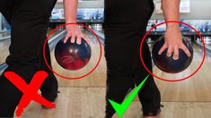 two people holding bowling balls in their hands and pointing them at each other's backs