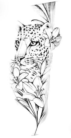 a black and white drawing of a leopard surrounded by flowers