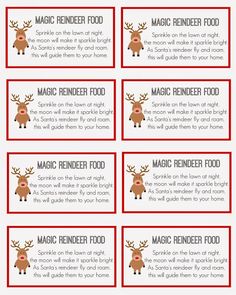 reindeer food labels with the words magic reindeer food on them and instructions for how to use them