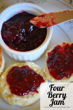 four berry jam on top of english muffins with butter and jelly in the middle