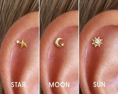 three different types of ear piercings with stars and moon designs on each one side