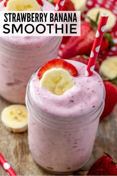 strawberry banana smoothie in a mason jar with strawberries and bananas