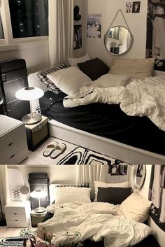 there are two pictures of a bed with white sheets and black bedspreads