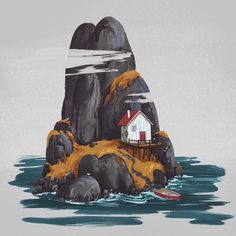 a painting of a house on an island in the middle of the ocean with a boat