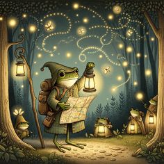 a frog with a backpack is looking at a map and lights in the forest while another frog looks on