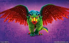 a green and red creature with large wings on it's head, sitting in front of a purple background