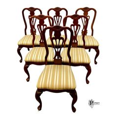 set of six victorian mahogany dining chairs with striped upholstered back and seat cushions