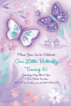 a purple and blue butterfly birthday party card with flowers on the front, butterflies on the back