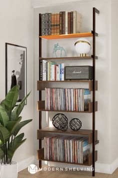 a bookshelf filled with lots of books next to a potted plant