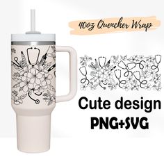 the mug is designed with flowers and hearts on it, along with an additional cup liner