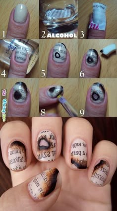 I love that! Burnt paper nails! @Shanine Fogle Fogle Pennington Diy Halloween Nail Art, Nail Easter, Paper Nails, Newspaper Nails, Trend Nails, Nail Courses, Glitter Design, Halloween Nail Art