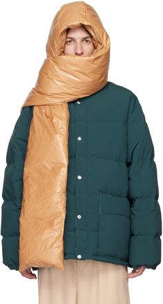 Down-filled quilted nylon taffeta scarf in beige. · Integrated hood with drawstring and zip collar · H8 x W76 in Available exclusively at SSENSE. Supplier color: Light/Pastel beige Fill: 85% goose down, 15% goose feather. Jill Sander Editorial, Big Hoodie, Baby Keem, Pastel Beige, Hoodie Scarf, Big Hoodies, Ski Style, Scarf Jacket, Goose Feather