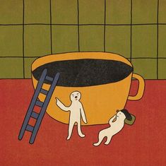 an image of two people and a dog in front of a pot with a ladder