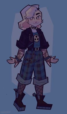 a drawing of a person wearing plaid pants and boots with one hand out to the side