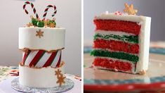 two different cakes with candy canes on top and one is red white and green