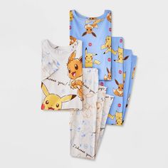 Your child will be ready for fun dreamland adventures with this 4-Piece Pokemon Pikachu & Eevee Long-Sleeve Cotton Snug-Fit Pajama Set. This set includes two pairs of PJs, with each piece crafted from 100% cotton with ribbed cuffs and ankles for all-night cozy comfort. One pair includes a long-sleeve tee and pajama pants in off-white with Pikachu and Eevee graphics and the text "I Choose You!" The other pair includes a long-sleeve tee and pajama pants, both featuring allover Pikachu and Eevee gr Multicolor Character Print Sets For Pajama Party, Fun Cartoon Print Sets For Sleepovers, Fun Multicolor Sets With Character Print, Fun Loungewear Sets With Character Print, Fun Cartoon Print Pajama Party Sets, Fun Character Print Loungewear Sets, Pokemon Pants, Multicolor Character Print Sleepover Set, Fun Cartoon Print Bedtime Sets