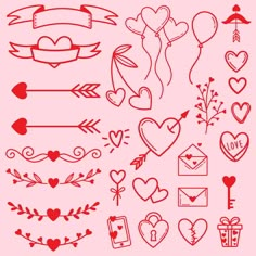 valentine's day hearts and arrows are drawn in red ink on a pink background