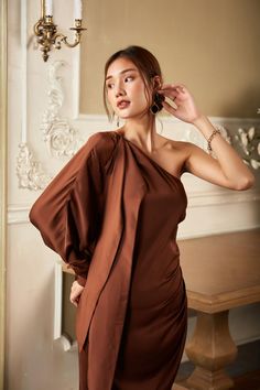 Short silk dress Brown silk dress Off the shoulder silk | Etsy Brown Off-shoulder Dress For Night Out, Brown Draped Evening Dress, Chic Draped Dress For Banquet, Elegant Draped Brown Dress, Elegant Brown Draped Dresses, Elegant One Sleeve Dress For Fall, Chic Brown Draped Dress, One-sleeve Evening Dress For Fall, Brown One-shoulder Midi Dress