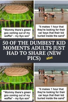 there are pictures of people on the beach with green chairs and one has a dog in it