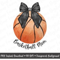 an orange basketball with a black bow on it's head and the words basketball mom