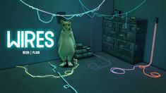 a cat sitting in the middle of a room with wires strung across it and a neon sign that reads wires