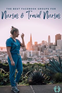 a woman in scrubs talking on her cell phone with the cityscape behind her