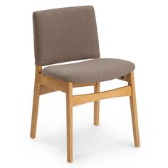 an upholstered chair with a wooden frame and fabric seat padding, viewed from the front