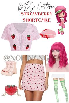 strawberry shortcake outfit with pink hair and green socks