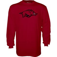 a red long - sleeved shirt with an image of a boar on it