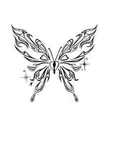 a black and white drawing of a butterfly with stars on it's back side