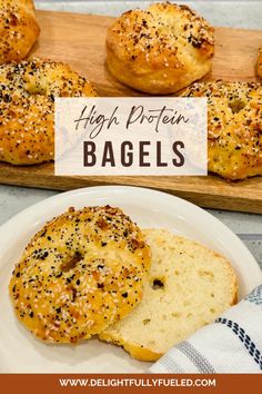 bagels with poppy seed sprinkles on them and the title reads high protein bagels