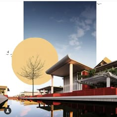 an artistic rendering of a house on the water's edge with trees and buildings in the background