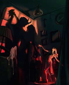 a painting of two people dancing in a dark room with red light coming from the window